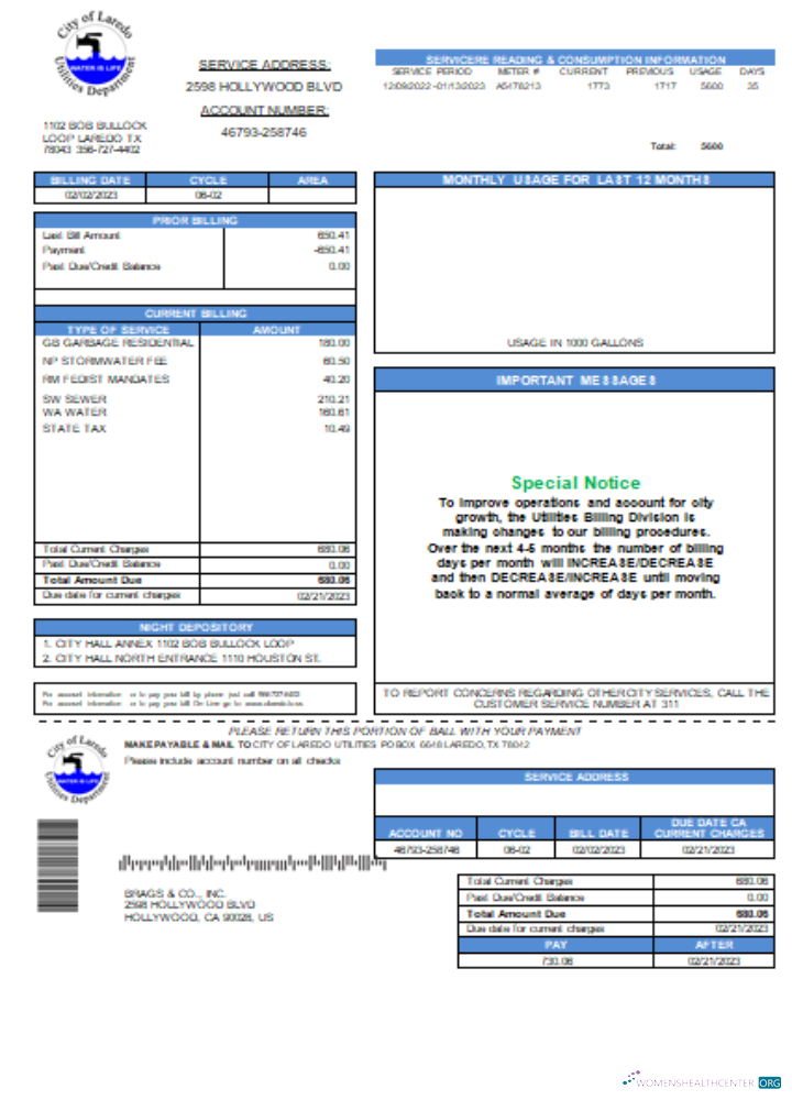 Download City of Laredo Utilities Department water utility business bill, SCR Photoshop template